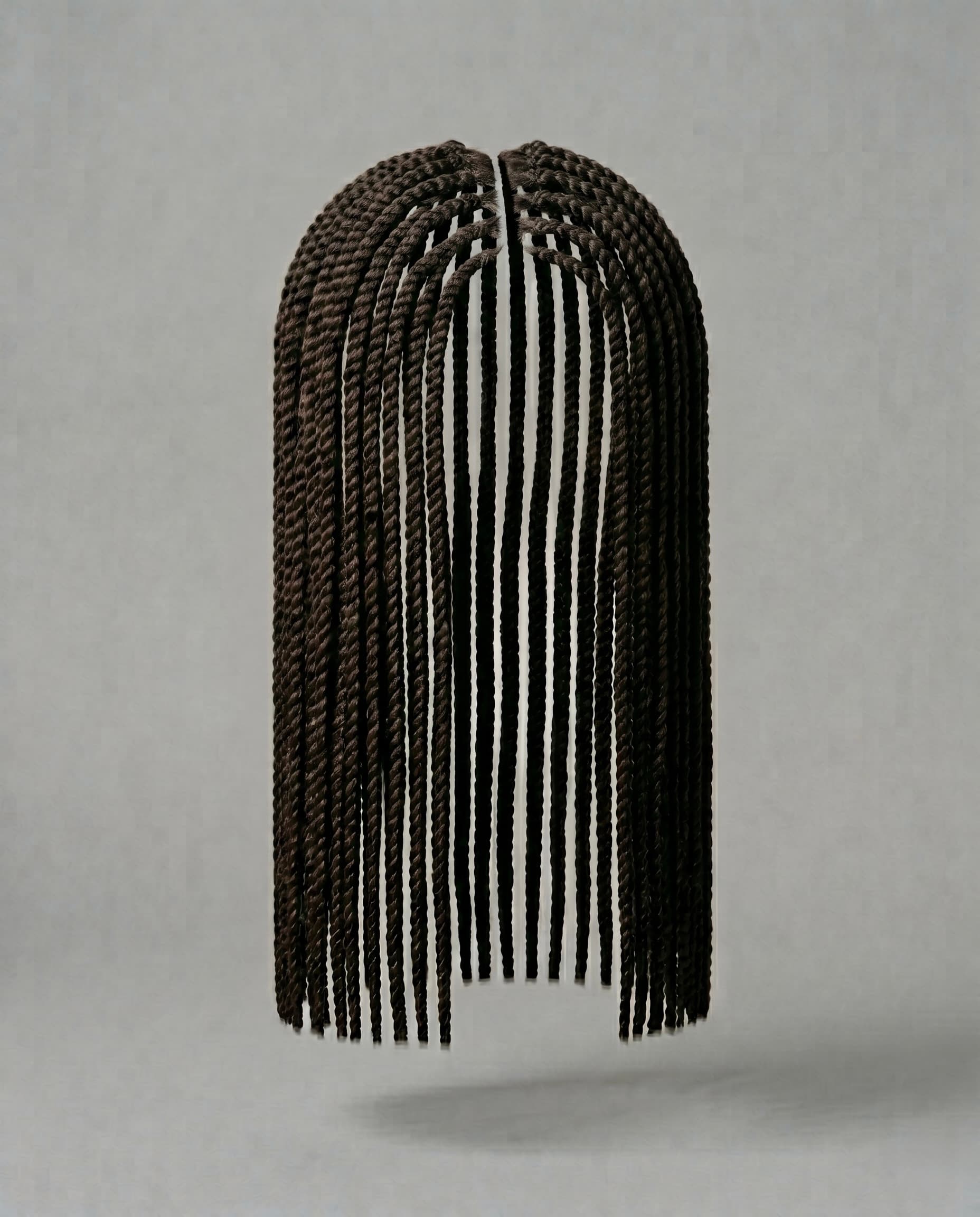Senegalese twists, two strands wound together and hanging past the shoulder